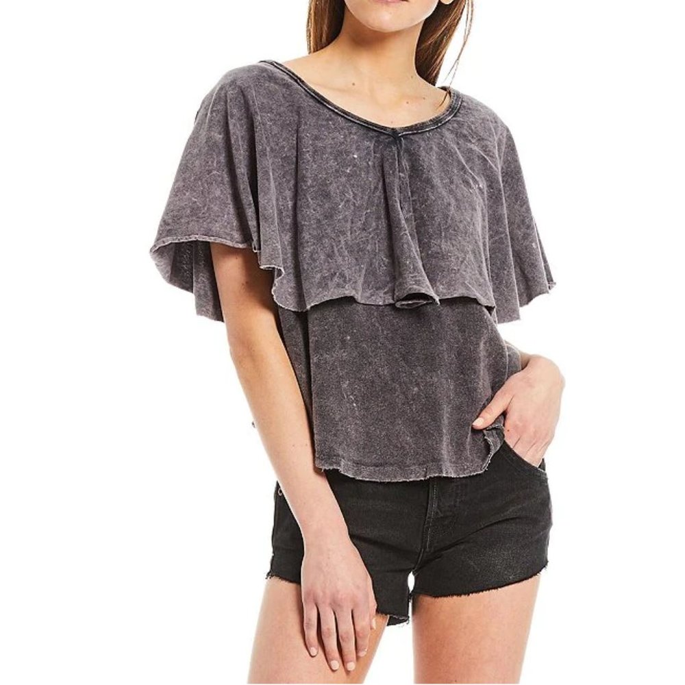 NWOT Free People Girl Talk Round Neck Short Sleeve Ruffle Tee S